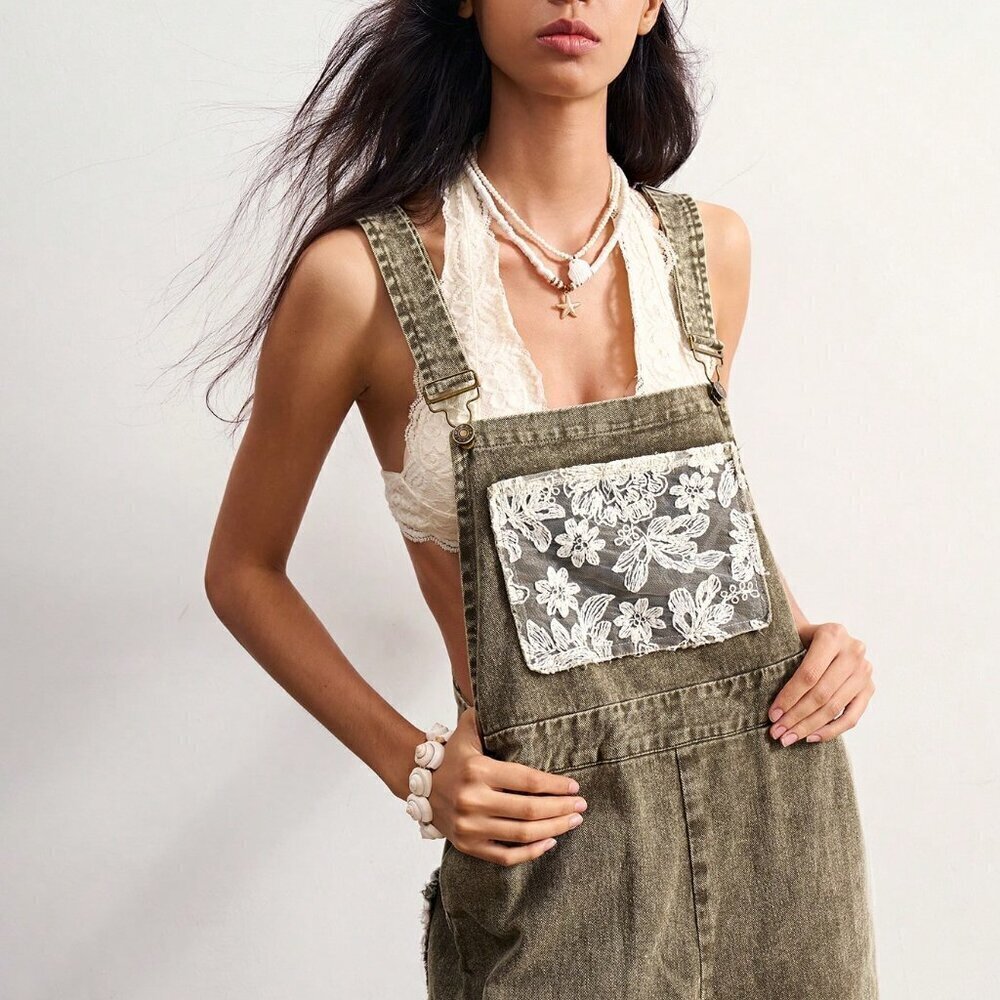 Army Green Casual Womens Boho Woven Loose Washed Patchwork & Lace overalls pants - Picture 7 of 8